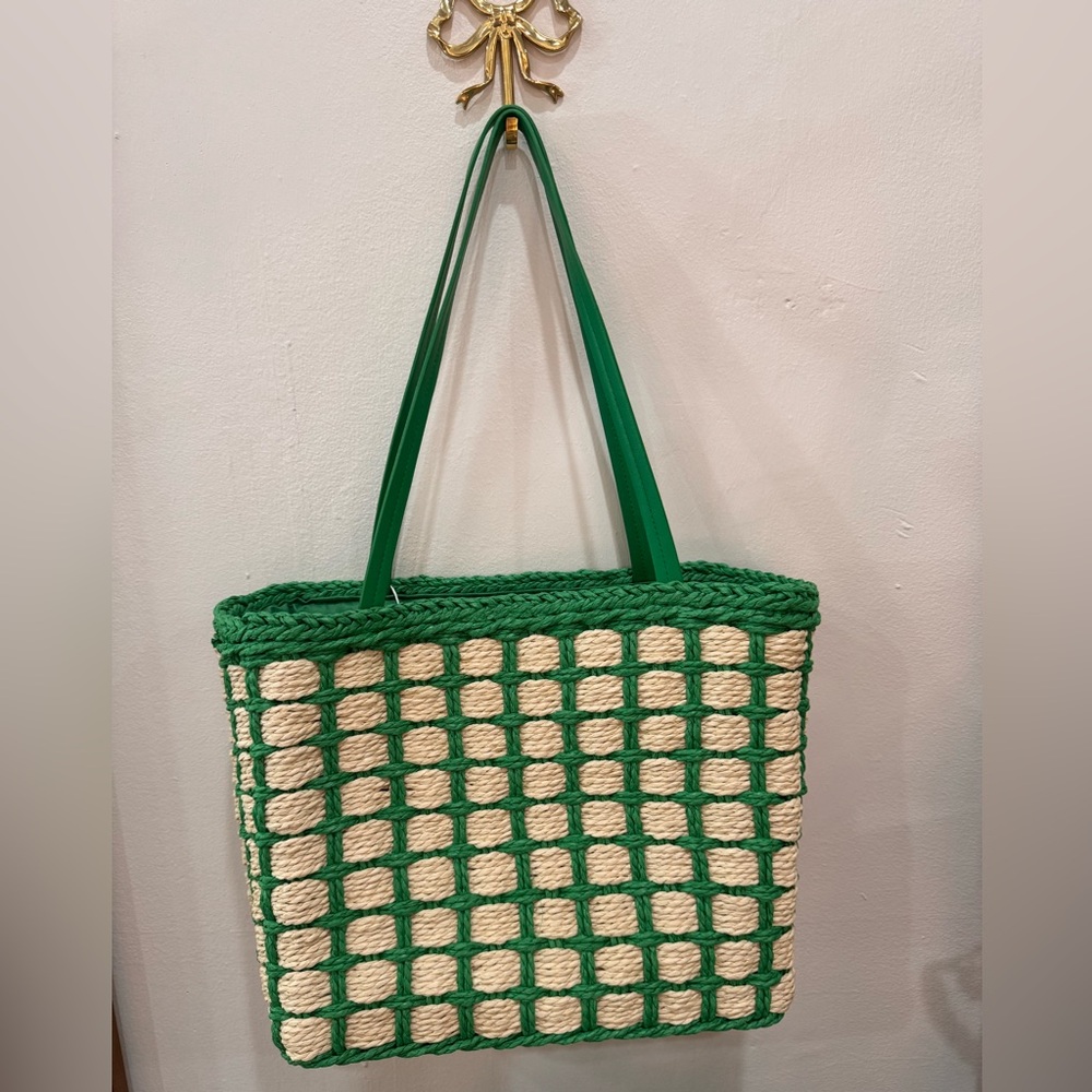 Green and Cream Woven Tote Bag
